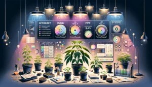 An indoor garden flourishing under LED grow lights, highlighting advanced lighting systems and a variety of plants at different growth stages in an environment designed for sustainability and efficiency.