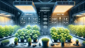 An indoor garden flourishing under LED grow lights, highlighting advanced lighting systems and a variety of plants at different growth stages in an environment designed for sustainability and efficiency.