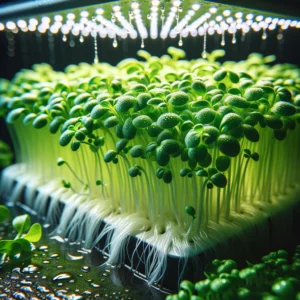 Thematic landscape of a futuristic indoor garden with a variety of plants at different growth stages under vibrant LED lighting in a hydroponic setup.