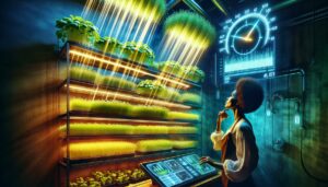A dynamic, vivid portrayal of an indoor garden filled with thriving microgreens. These are arranged on a couple of layers of shelves, under an innovative lighting system designed to provide optimal light intensity. The system adjusts its brightness based on time of day, mimicking natural conditions. We can see the light rays penetrating on the verdant plants, which radiate robust health. A futuristic digital panel shows readouts of the light intensity for optimal growth. An agriculturist, a Black woman, is in the scene, adjusting the panel settings, her face reflecting the ambient glow of the light above.
