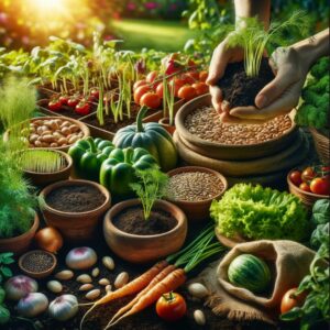 An organic garden with vegetable seeds and a bountiful harvest
